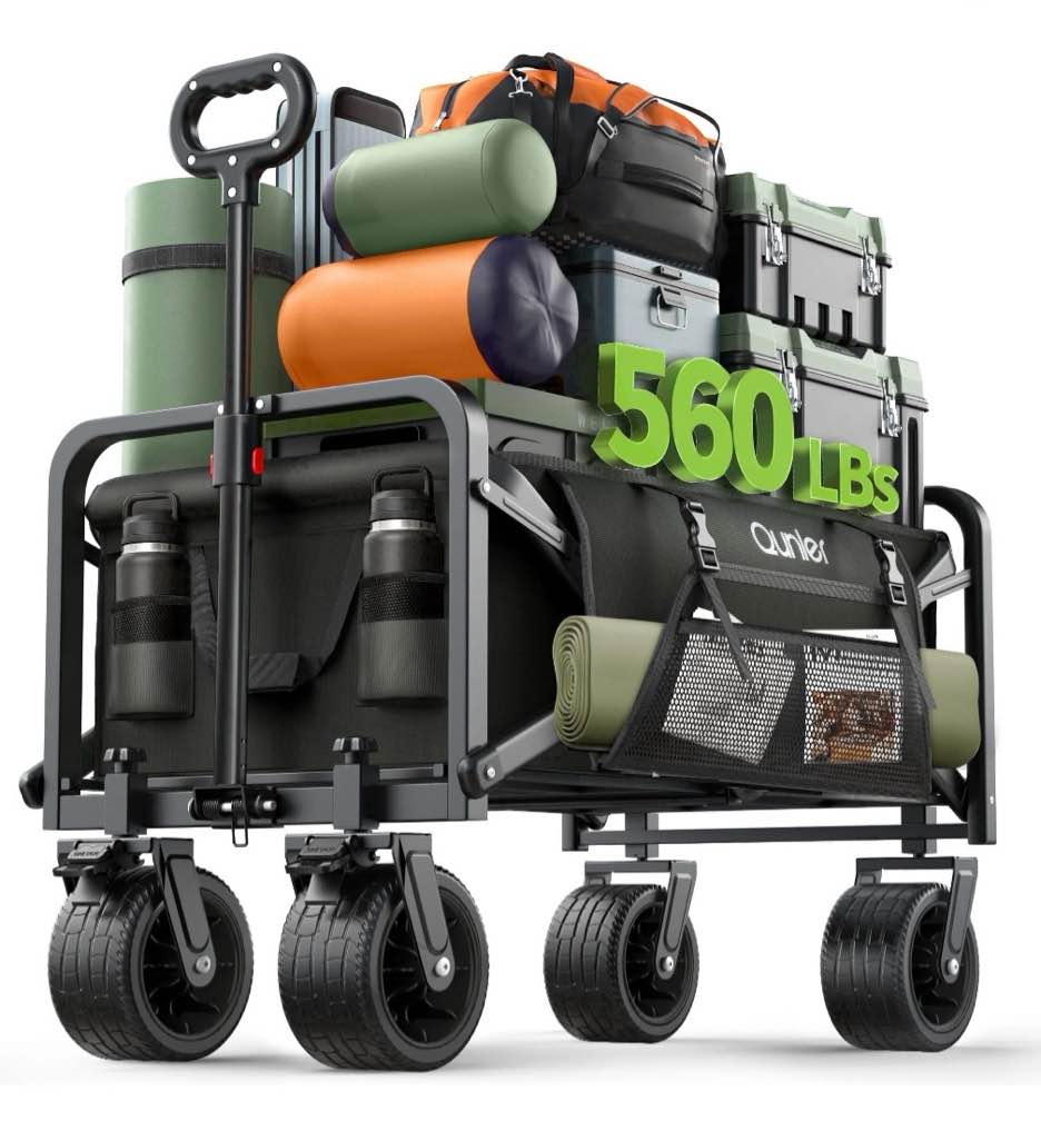 Qunler 560lbs Large Collapsible Folding Wagon with Oversized Tank Wheels, Heavy Duty Big Bucket Utility Garden Cart with Side Pocket for Sports, Shopping, Camping, Kids, Black