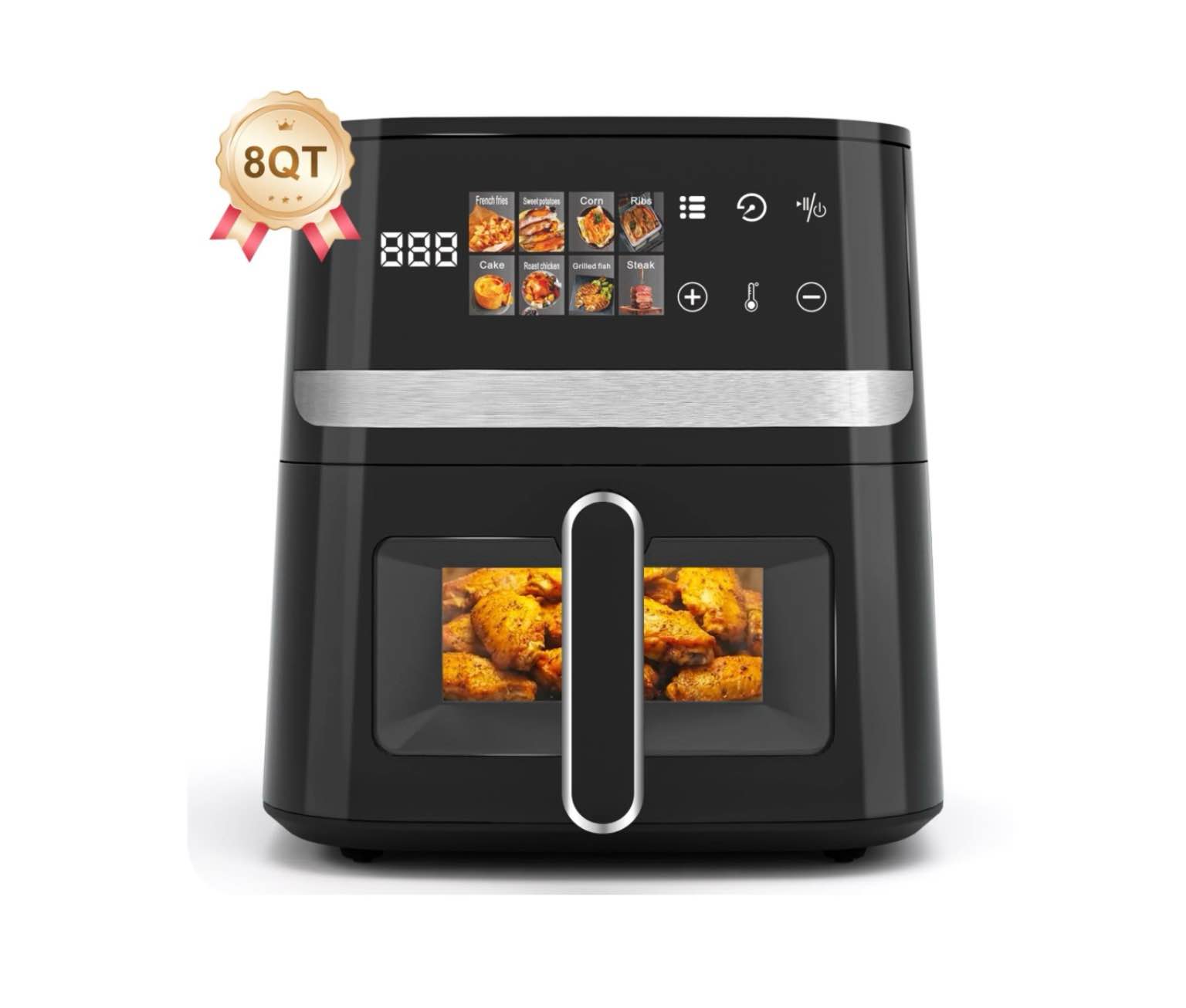 Bluebow 8QT Air Fryer  8-in-1 Electric Hot Oven with Digital LED Touchscreen  Visible Window  New  Black