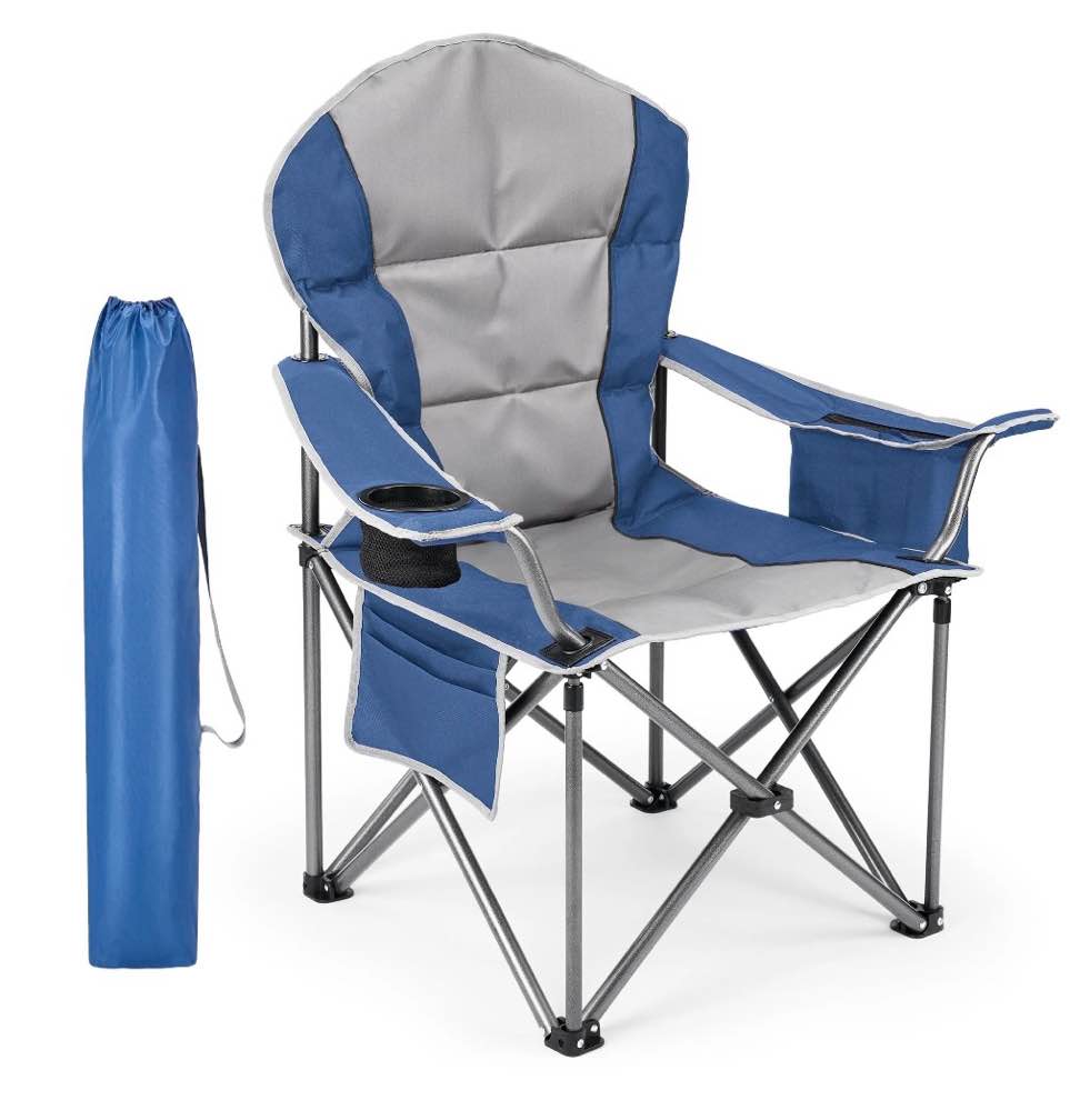EDX Oversized Camping Folding Chair, Heavy Duty Padded Chair with Cup Holder Storage and Cooler Bag, 500 lbs Steel Frame, Portable for Outdoor,Blue Gray