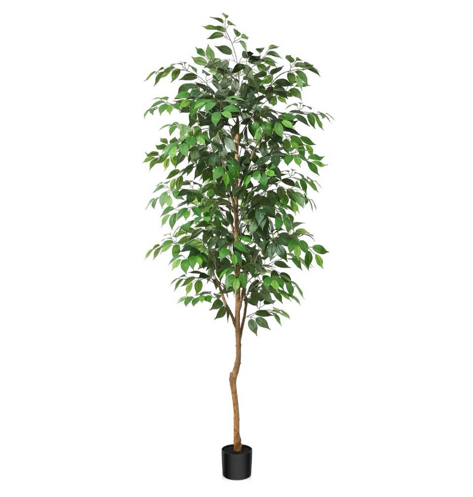 7FT Artificial Ficus Tree with Natural Wood Trunk and Lifelike Leaves, Silk Fake Potted Tree with Wood Branches, Faux Tree for Office Home Decor