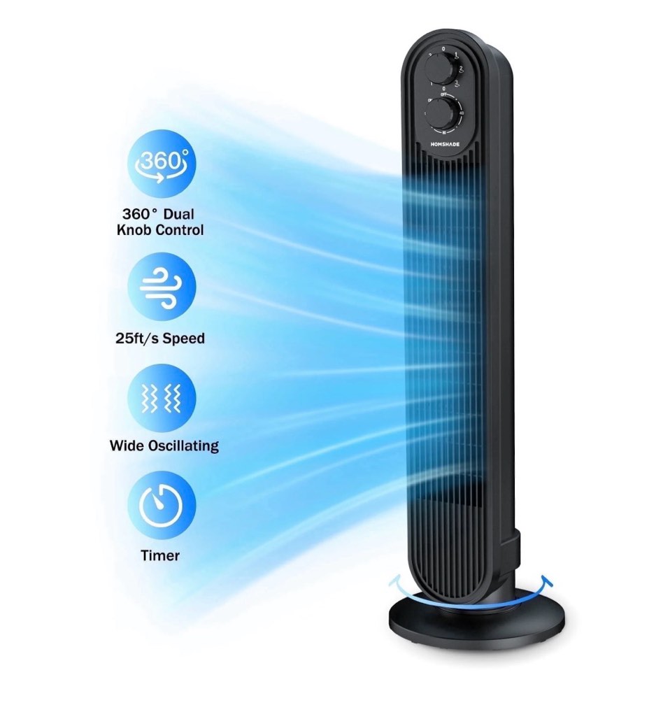 tower fan, 31" oscillating standing fan for home, patbrela  floor fan with 360° dual knob control, 3 speed, timer bladeless fan for bedroom office