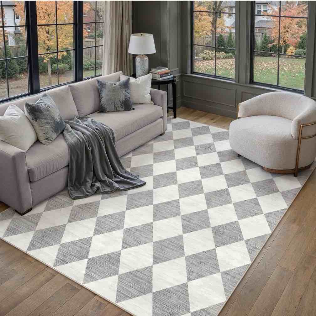 berthmeer 6 x9  area rugs for living room bedroom office dining room farmhouse geometric modern rhombus checkered contemporary rugs non slip washable rugs carpets gray
