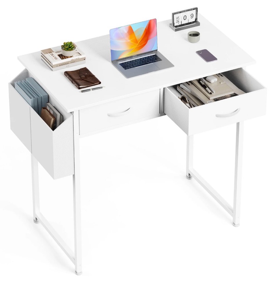 concetta 32 inch small computer desk with fabric drawers & storage bag iron hook for bedroom, white