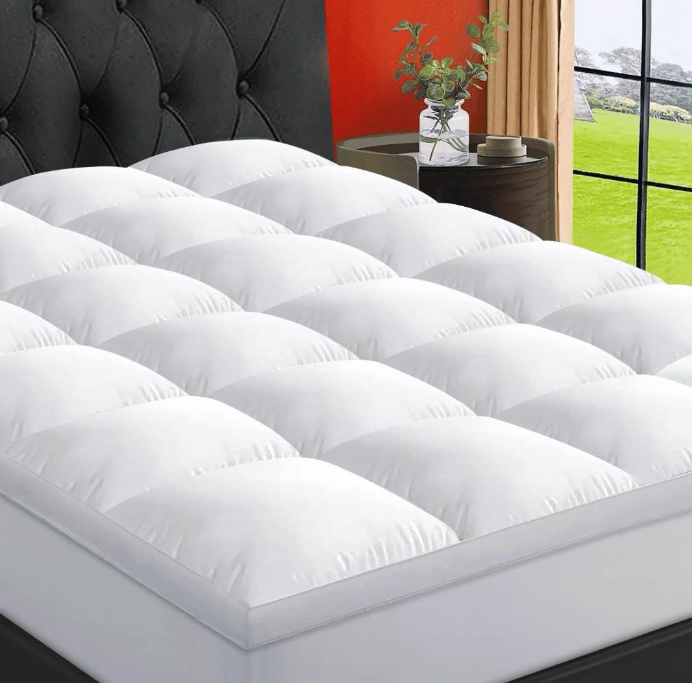 emonia 100% 400tc mattress topper full for back pain, 900gsm mattress pad pillow top, quilted fitted mattress protector cover with 8-21" deep elastic pocket, soft comfort breathable (white, full )