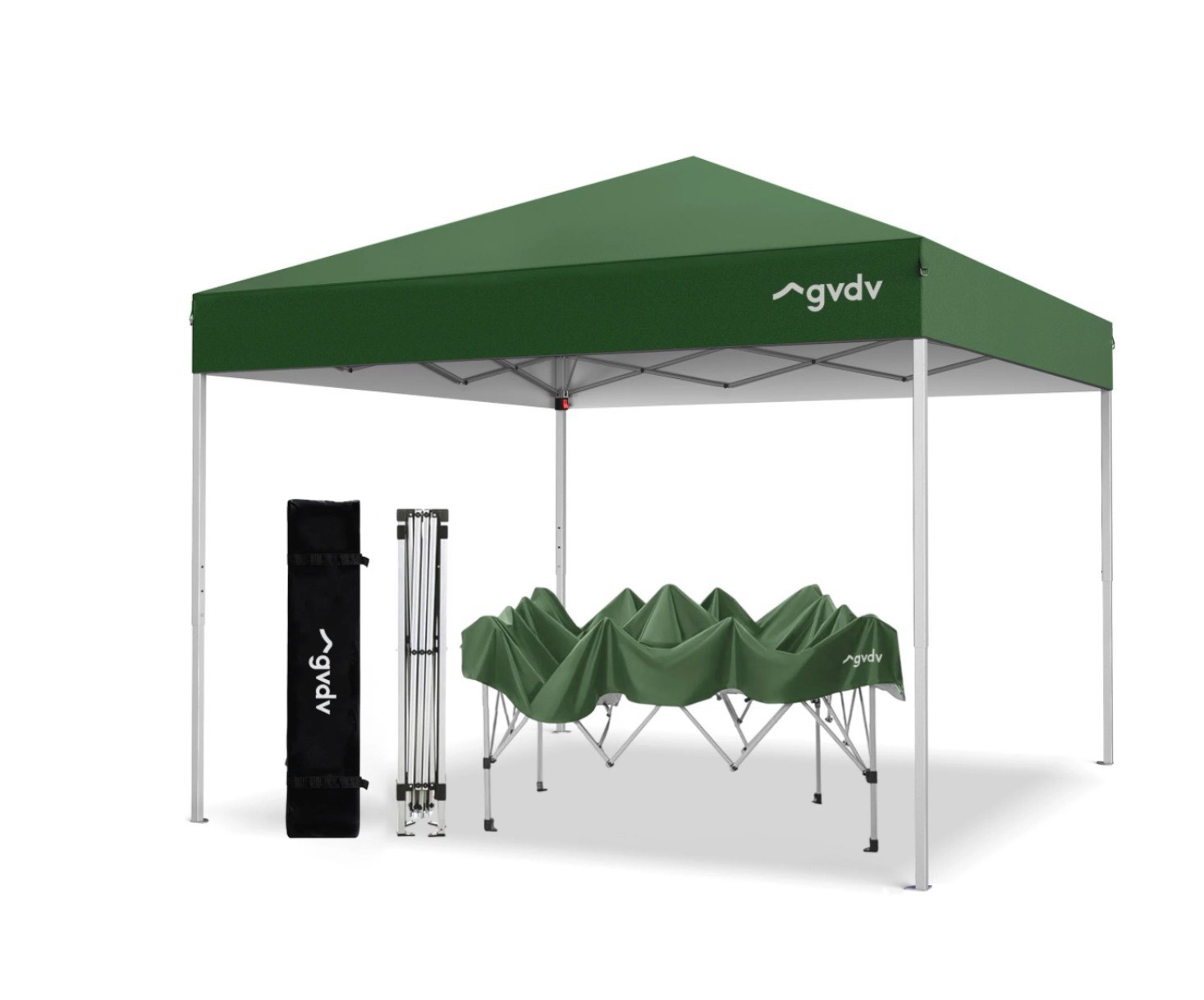 gvdv 10x10 pop up canopy tent with wheeled bag 4 stakes 4 ropes 100sqft of shade forest green