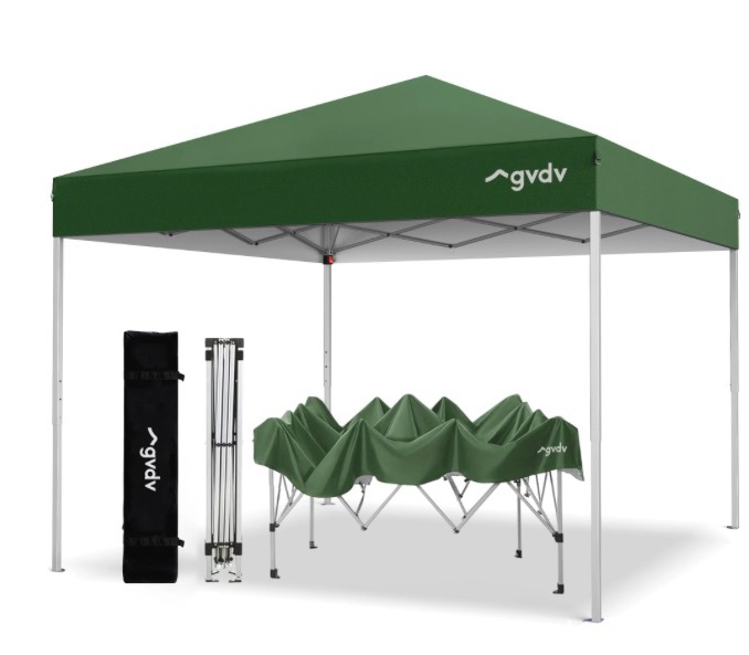 gvdv 10x10 pop up canopy tent with wheeled bag 4 stakes 4 ropes 100sqft of shade forest green