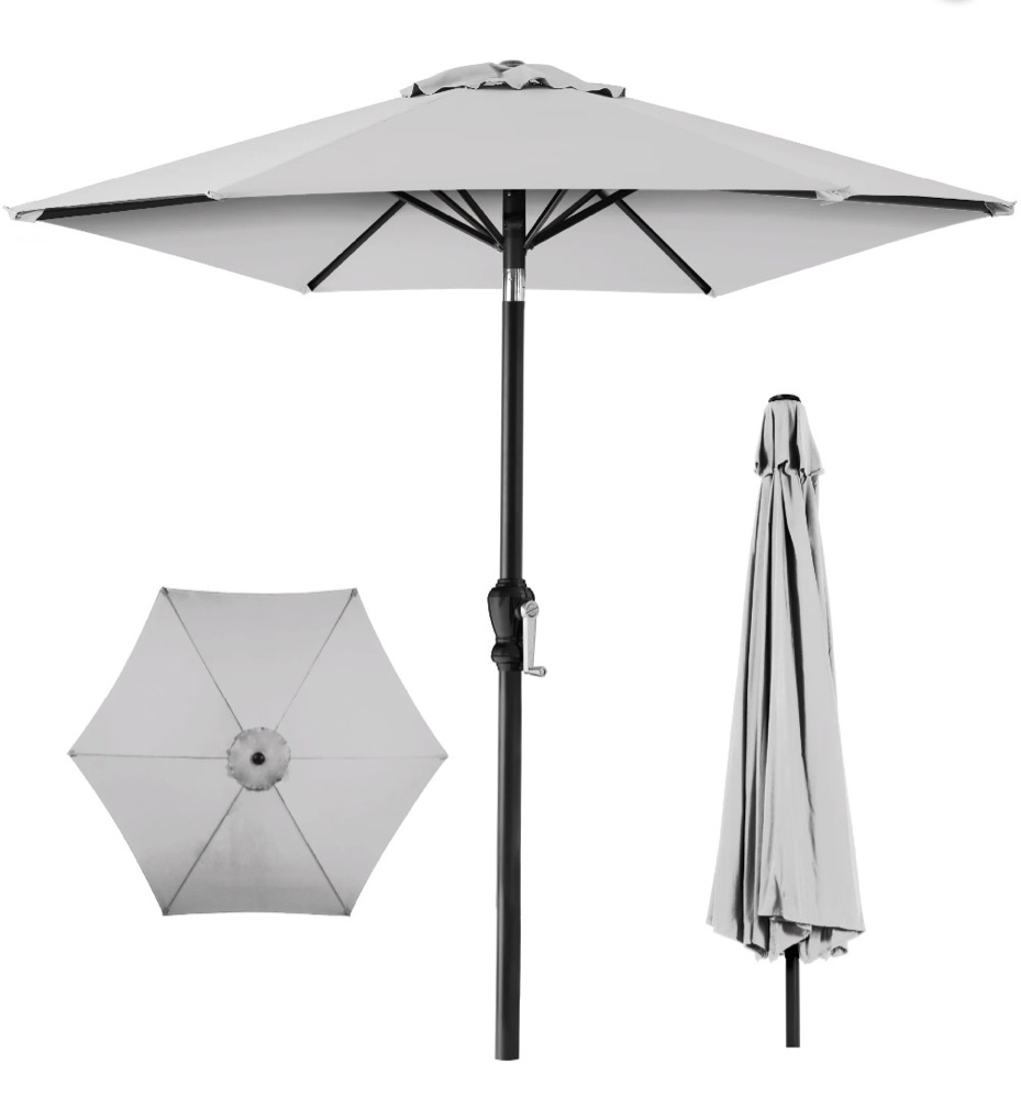 best choice products 10ft outdoor steel market patio umbrella w/ crank  tilt push button  6 ribs - fog gray