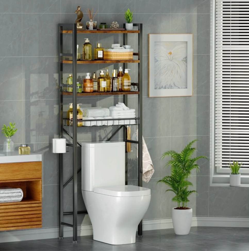 capri over the toilet storage shelf, 4-tier freestanding bathroom organizers and storage, above toilet space saver rack with adjustable shelves, toilet paper holder and 9-hooks, rustic brown