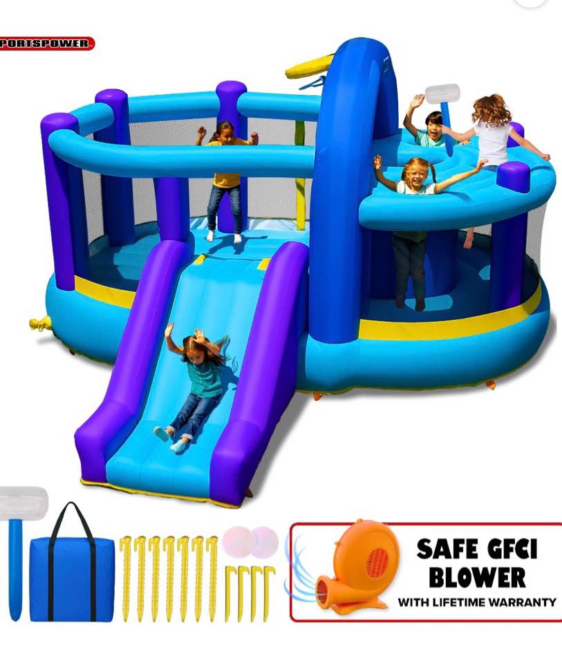 sportspower inflatable bounce house with slide & whack-a-play game - 550w blower included