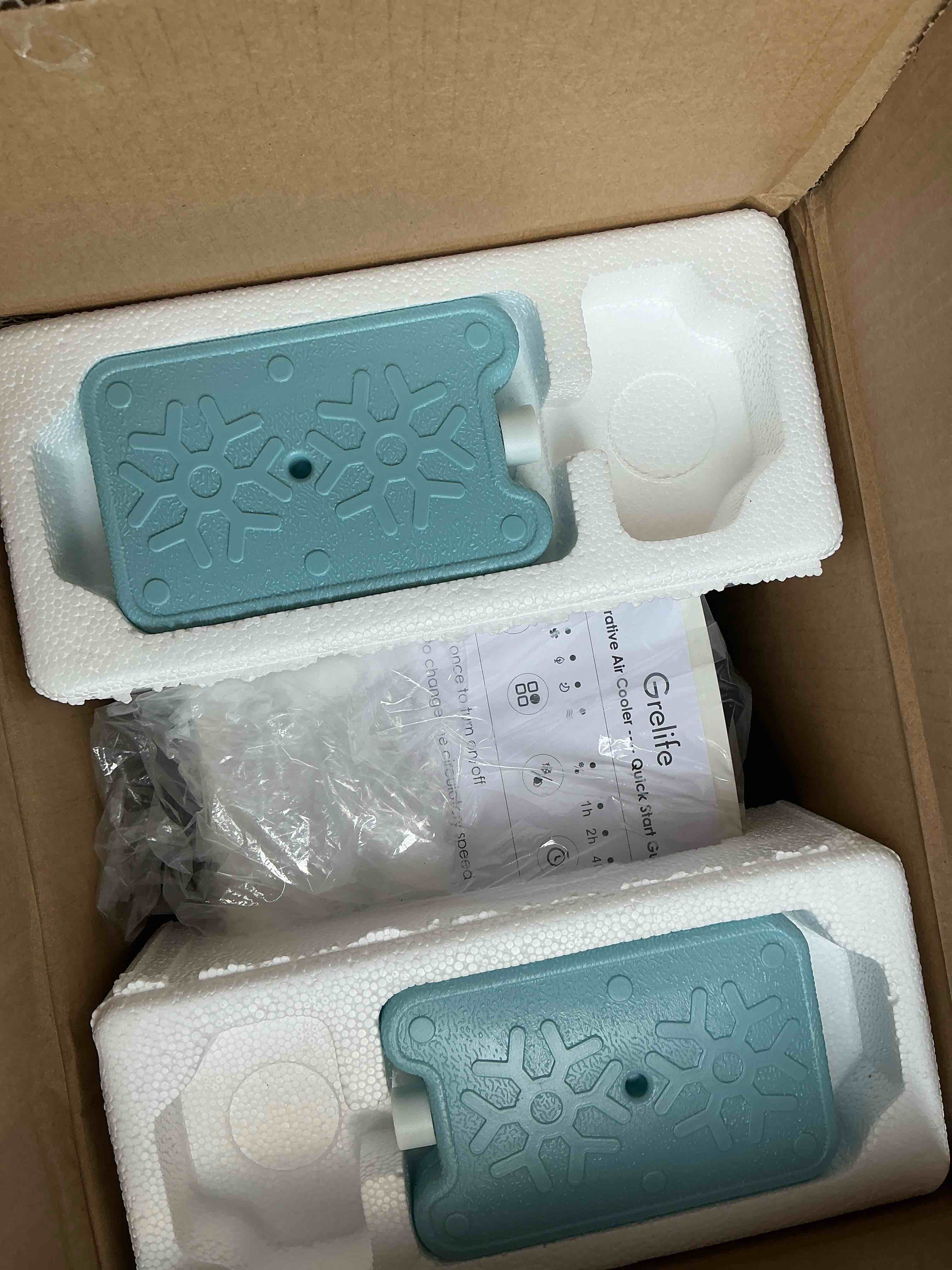 Condition photo showing New/Like New for grelife portable evaporative air cooler, 3-in-1 air cooler cooling fan with remote control, 8h timer, 4 ice packs, 6.5l water tank, 3 modes, 3 speeds, personal swamp cooler for bedroom