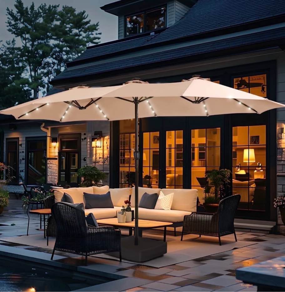 summit living 15ft double-sided solar patio umbrella with base (included) large outdoor umbrella with solar lights - beige