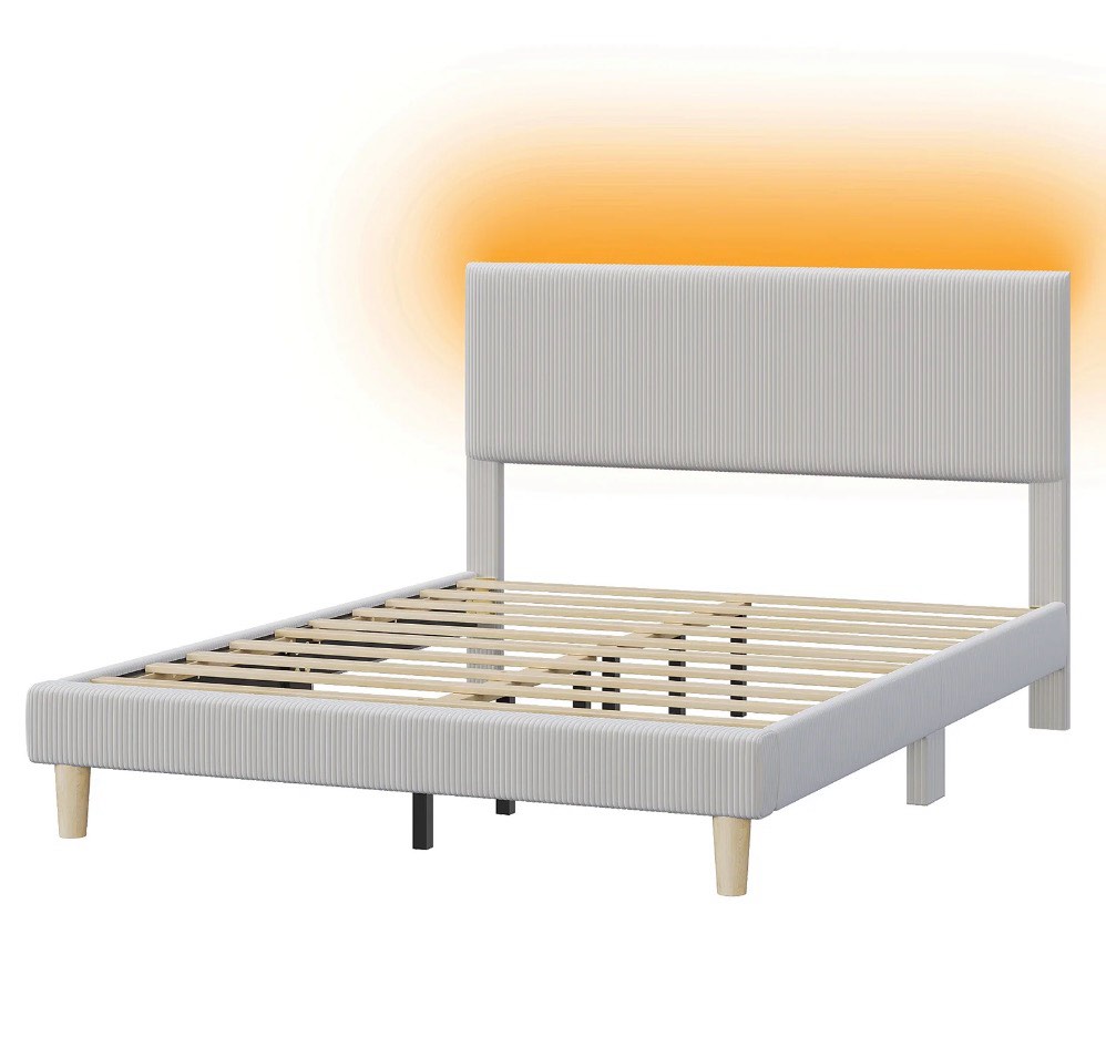 bestier corduroy upholstered queen bed frame with adjustable headboard, platform bed frame with led light, solid wood slats, no box spring needed, gray