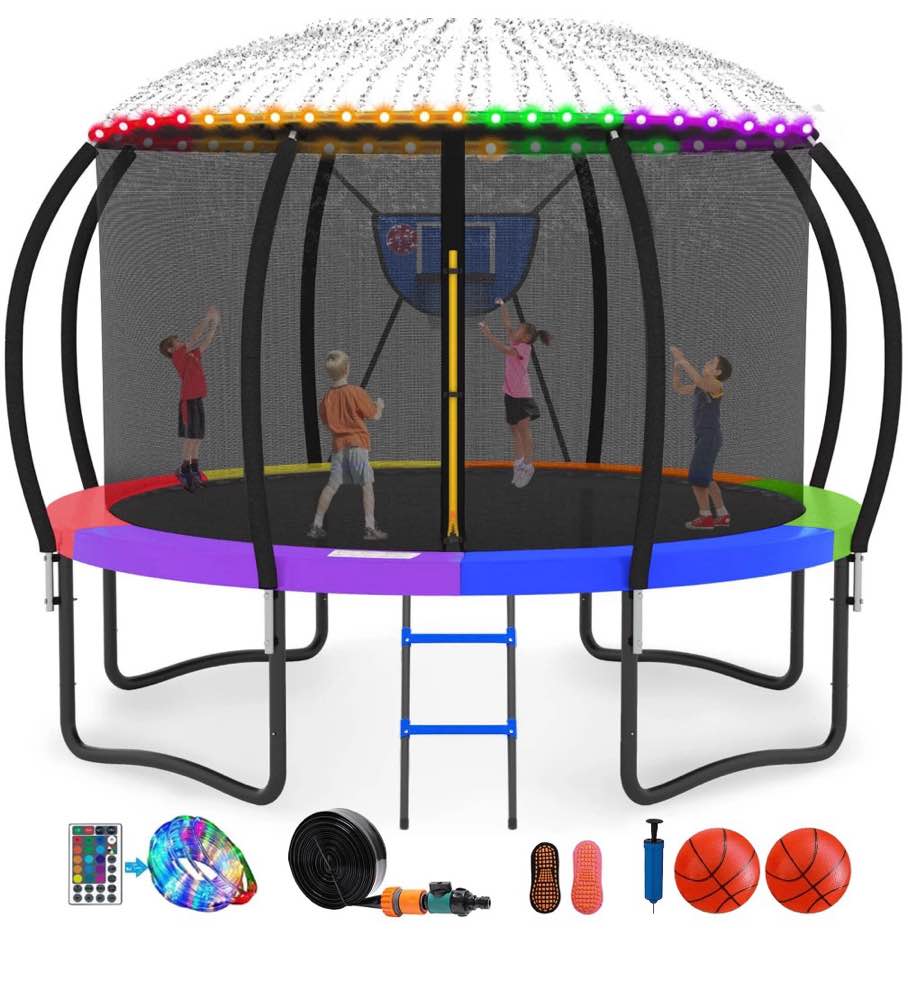 gvdv outdoor trampoline, 12' backyard recreational trampoline with enclosure for kids & adults