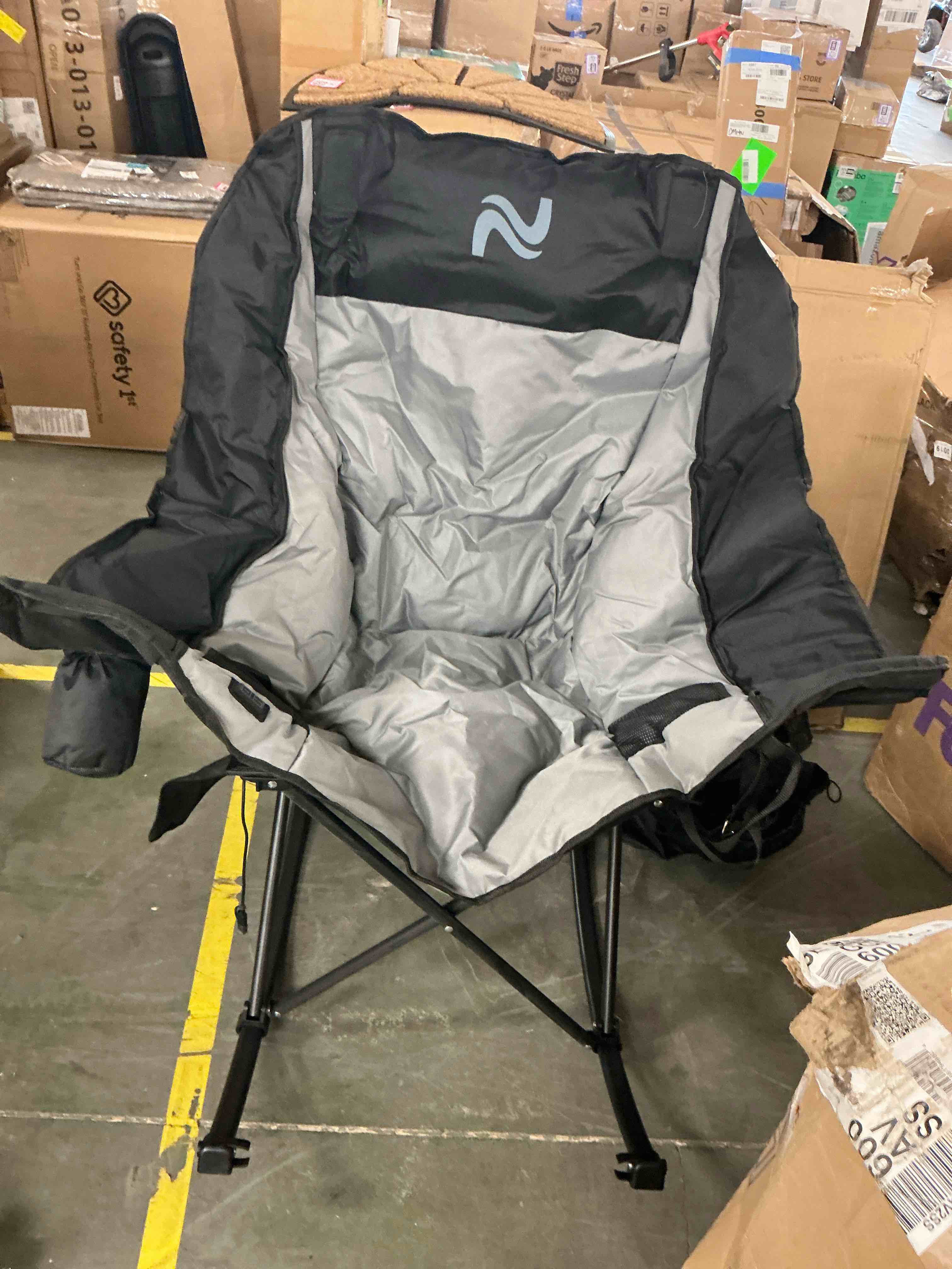 Condition photo showing Good Condition for aboron oversized rocking camping chair for adults, fully padded folding outdoor lawn chair with cooler bag & side pocket, portable recliner chair for camp, patio, backyard, supports 400 lbs
