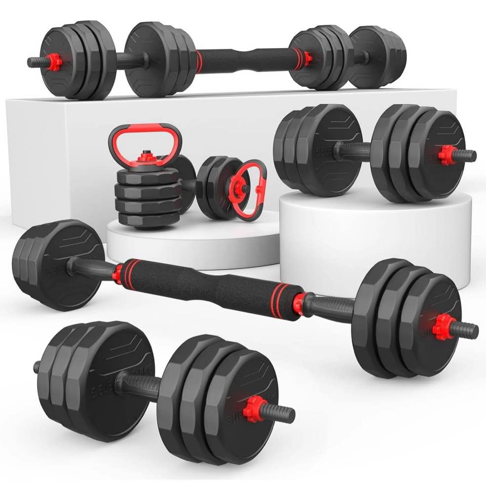 90lbs free weight set with connector, 5 in1 dumbbells set used as barbell, kettlebells, push up stand, fitness exercises for home gym suitable men/women