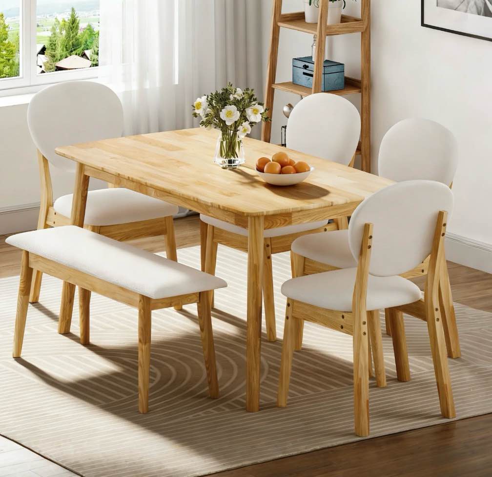 Ktaxon Solid Wood Dining Table Set for 6, Mid-Century Dining Room Table with 4 Padded Chairs & Bench, 47.3" Dining Room Set for 4~6 Family Use, Natural Wood