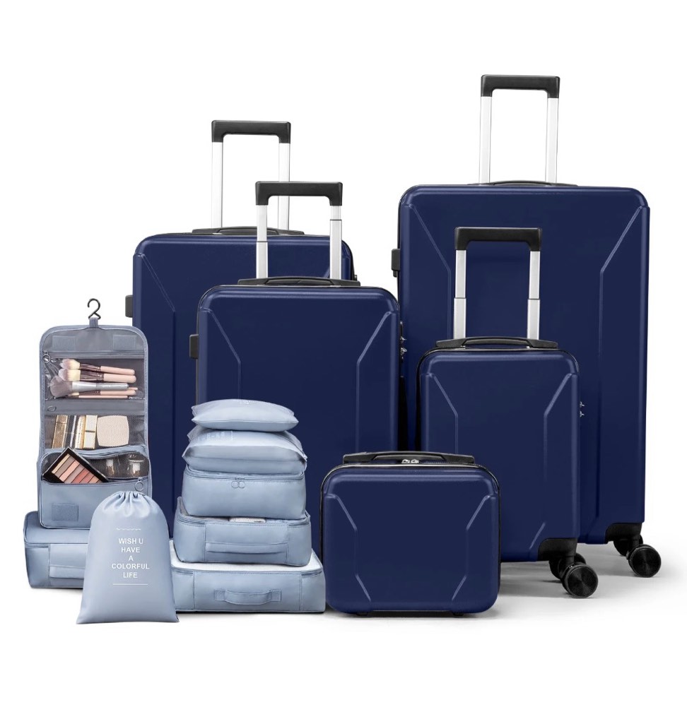 zimtown 5-piece luggage set with 8 packing cubes, hard shell suitcase set with spinner wheels built-in tsa lock, dark blue