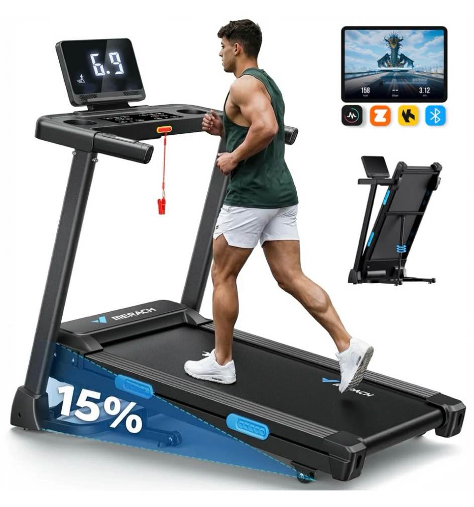 merach folding treadmill with 15% auto incline, fitness treadmill for home with app, 300 lbs capacity 15% auto incline