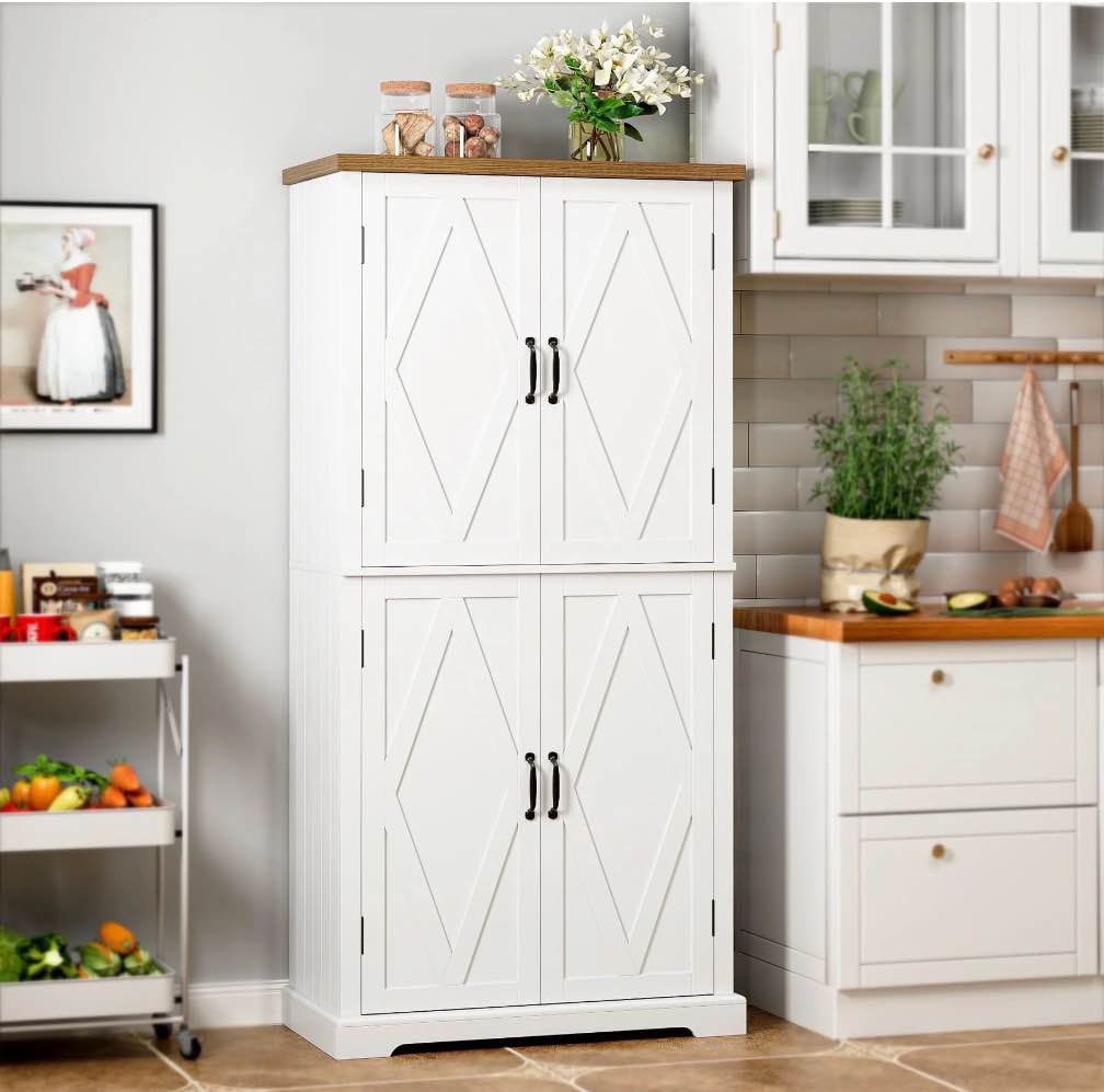 homfa farmhouse 63"h kitchen pantry cabinet with adjustable shelf, modern wood storage cabinets for small space department, white
