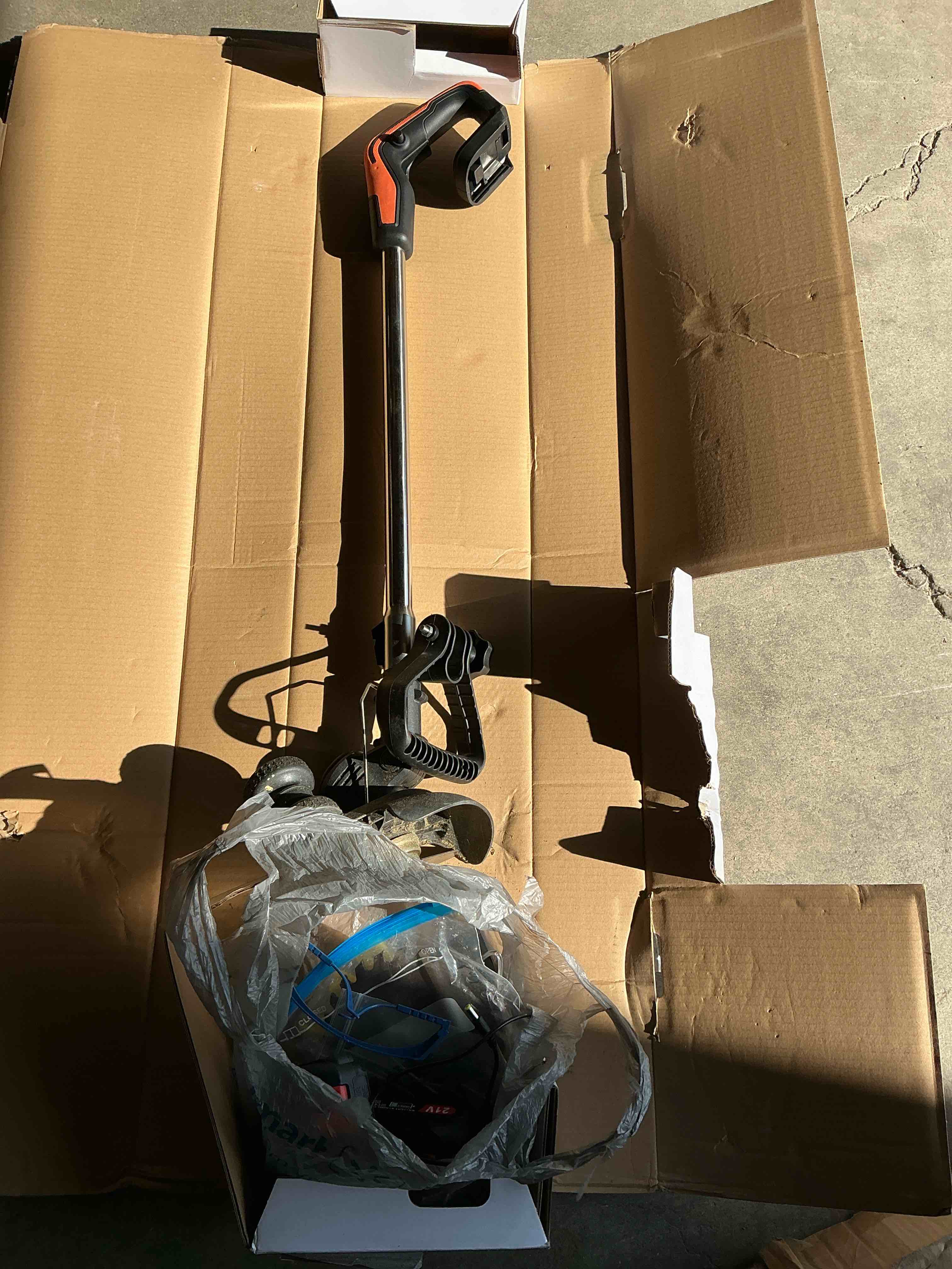 Condition photo showing As Is for electric weed wacker cordless eater with 2x 2.0ah battery powered and fast charger, lightweight 3 in 1 grass trimmer/brush cutter/lawn edger, 4 types 26pcs blade weed whacker for garden yard