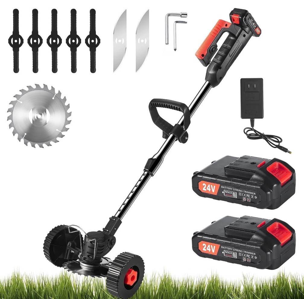 kingfurt cordless brush cutter 24v lawn mower with 2×2.0ah li-ion battery powered and 3 types cutting blade push wheeled for yard and garden black-red 2024