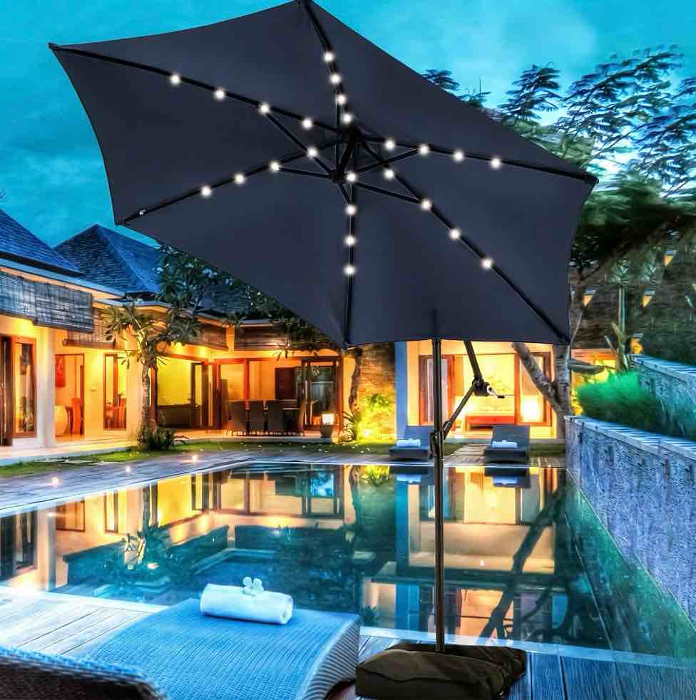 autlaycil 10ft cantilever patio umbrella and 24 solar lights, outdoor hanging offset umbrella with umbrella stand, navy blue