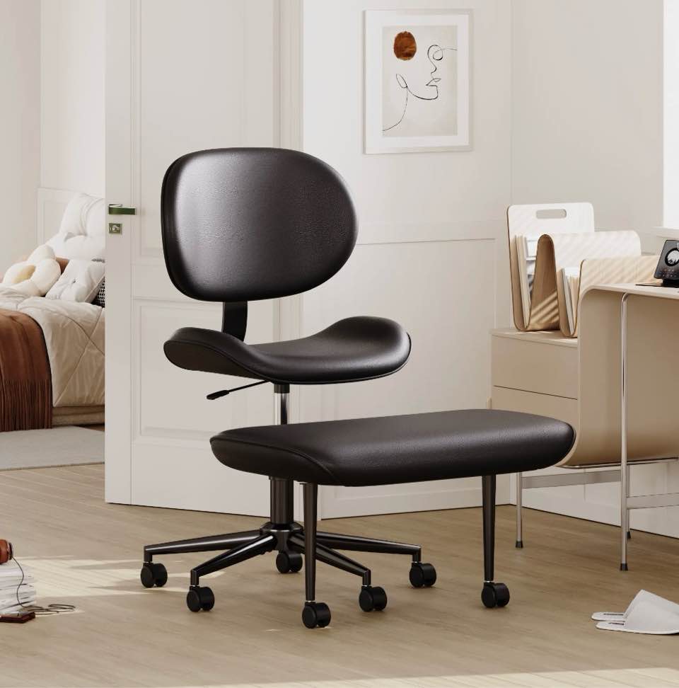 pinmoco upgraded ergonomic cross legged swivel chair, adjustable height and pu leather, meditation chair with back support, home and office, black