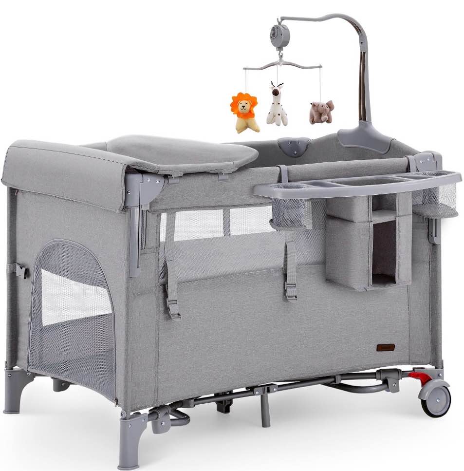 harppa 5 in 1 portable playard and bassinet bedside sleeper for newborn to toddler, unisex, gray