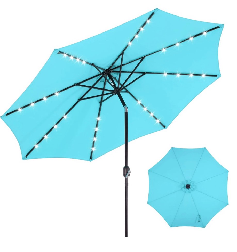 edx 10ft solar 32 led lights patio umbrella with tilt adjustment and uv-resistant polyester fabric?market umbrella for outdoor, lake blue