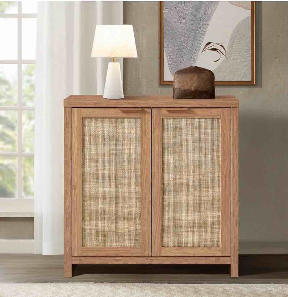 arkantos rattan sideboard cabinet with storage, buffet cabinet with adjustable shelf, accent cabinet for living room, natural oak