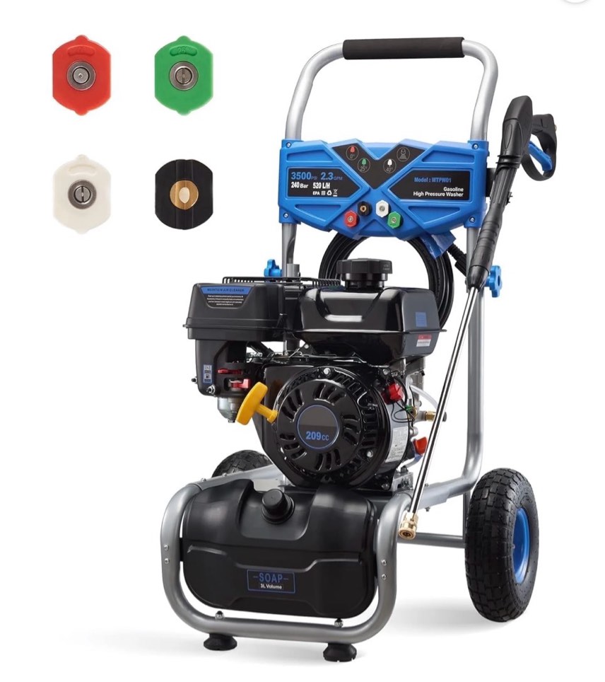 efurden 3500psi gas pressure washer  2.3gpm gas powered high pressure clean machine with 209cc engine  4 adjustable nozzles for cleaning walls  terraces  vehicles  gardens (blue)