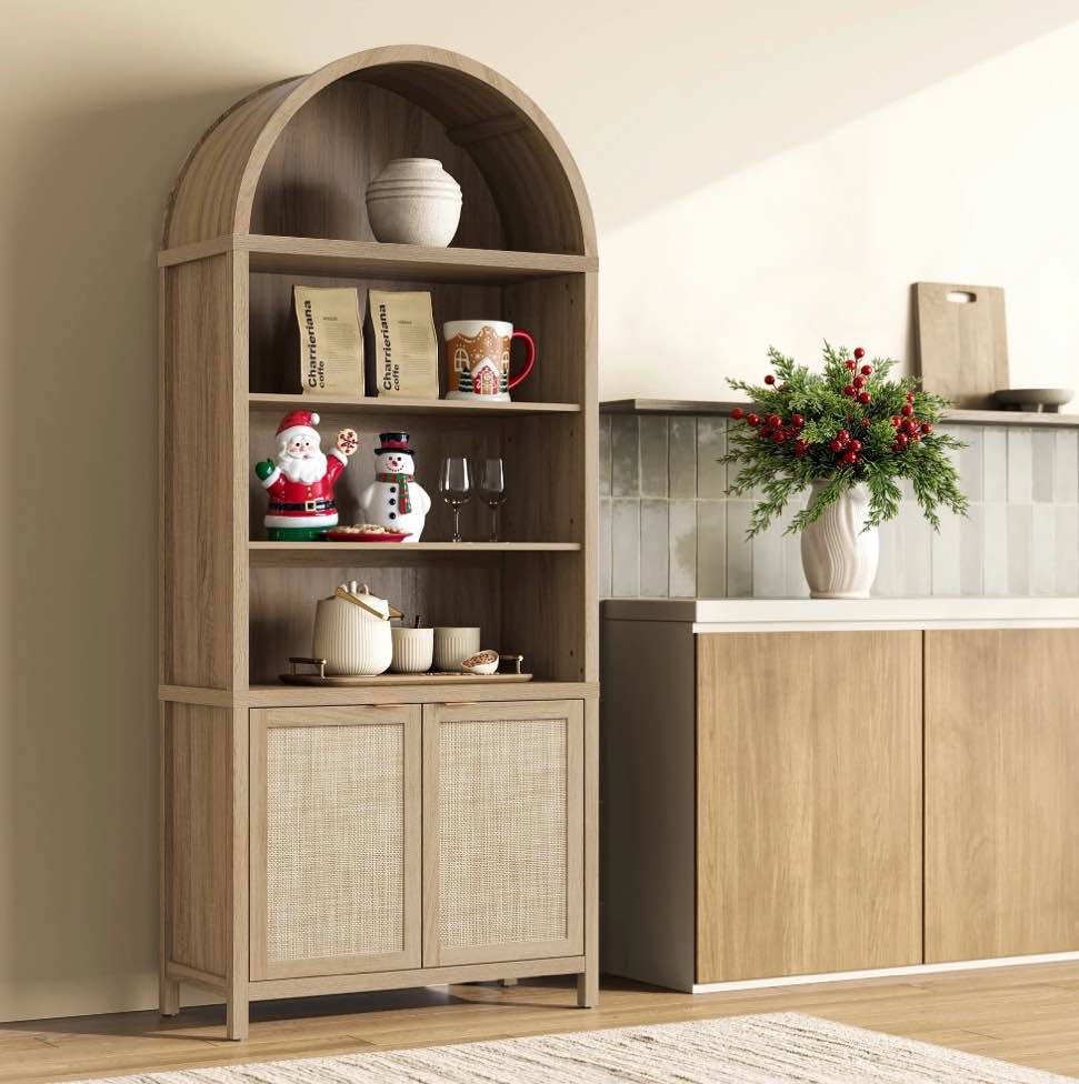 sicotas 84.2" tall rattan pantry cabinet with adjustable shelves - large farmhouse kitchen storage organizer, boho dining room cabinet, freestanding arched food pantry with doors ,reclaimed light oak