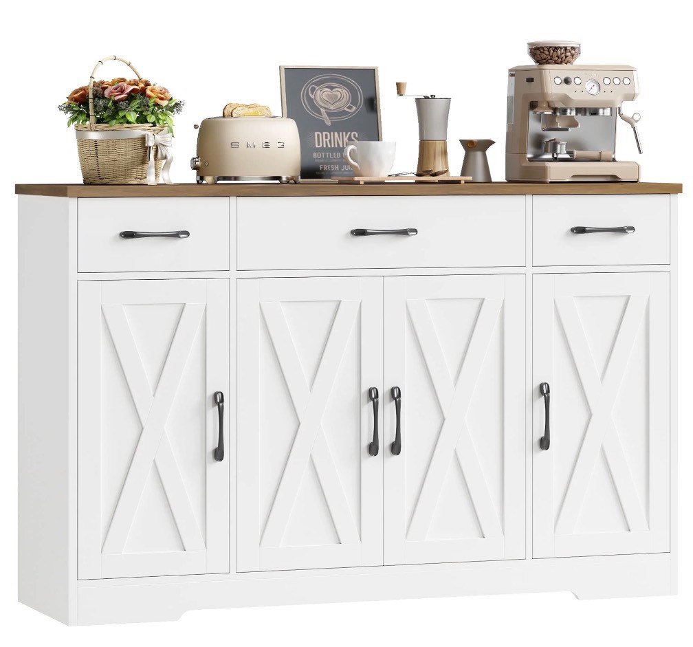 homfa buffet cabinet with 3 drawers and 4 doors, 55.1” w kitchen sideboard storage cabinet with adjustable shelves, farmhouse coffee bar cabinet for dining room, white & brown