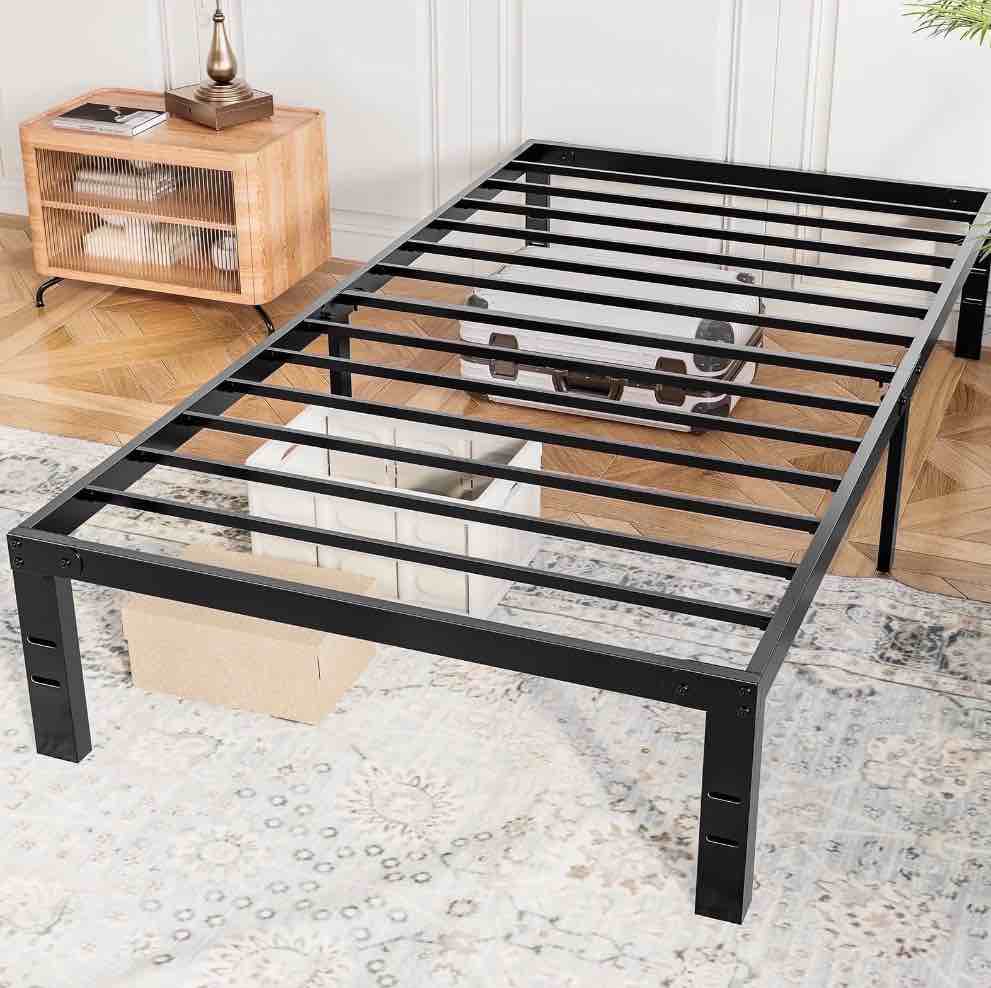 concetta 14" twin bed frame, heavy duty metal platform bed frame with underbed storage for bedroom, no box spring required, black
