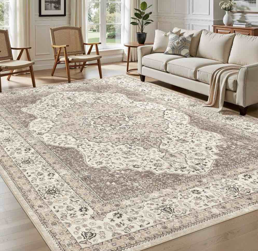 uermei 9 x12  washable area rugs for living room  vintage floral boho printed carpet  non slip indoor rug for bedroom home decor carpets - brown