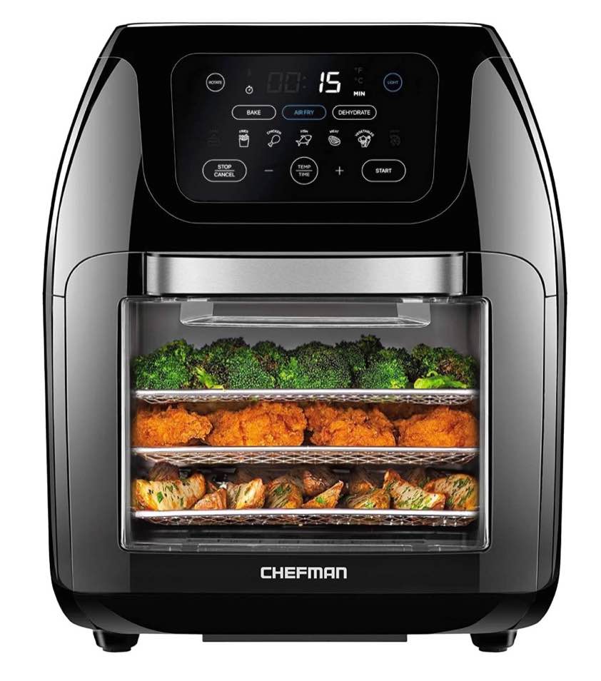 chefman multifunctional digital 10 qt. air fryer+ rotisserie  fry  roast & bake  17 presets - black