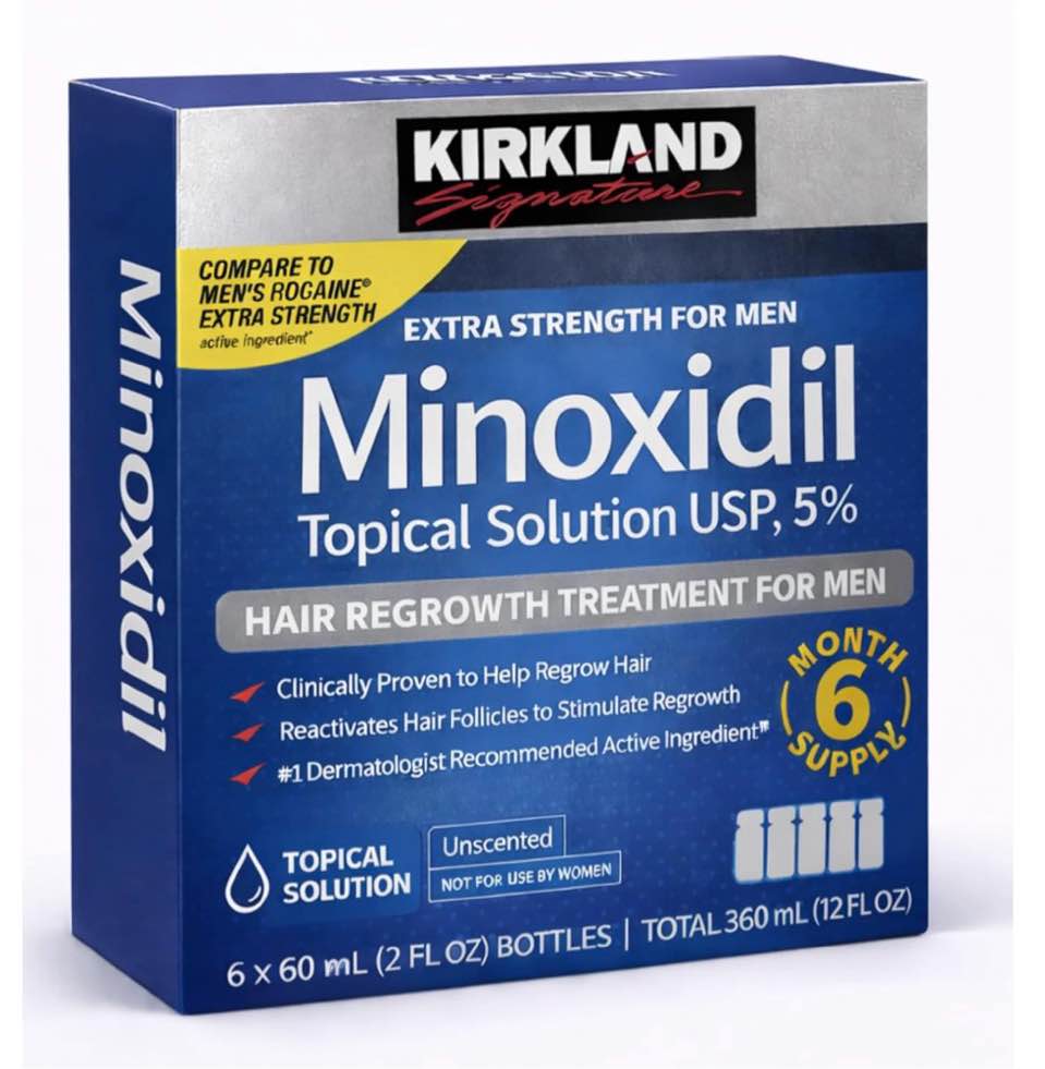 kirkland signature - 5% minoxidil for men hair regrowth treatment topical solution - 6 month supply  ( exp 2027 jul )