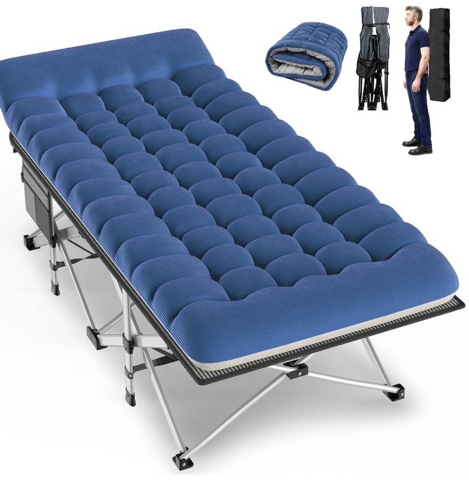gvdv folding xxl camping cot with 2 sided comfort mattress, 78"x32" portable folding bed for adults, extra wide sleeping bed for camp office nap beach travel