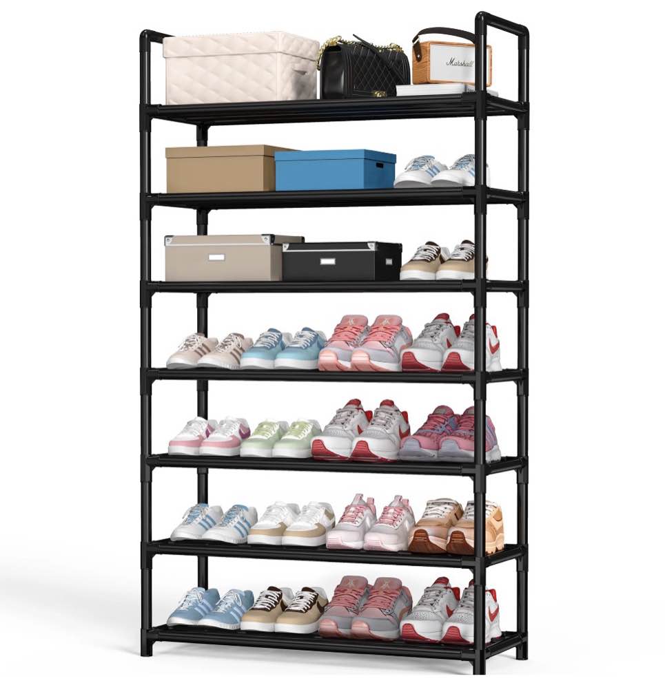 krpimt 7-tier shoe rack, 31.5" stackable shoe organizer storage holds 21-28 pairs, metal shoe shelf for entryway hallway and closet, black