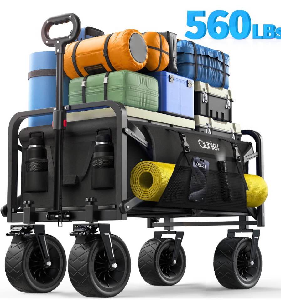 qunler collapsible wagon cart, 560lbs heavy duty large utility garden cart with brake wheels and side pocket for camping, shopping, kids, sports, grocery, black