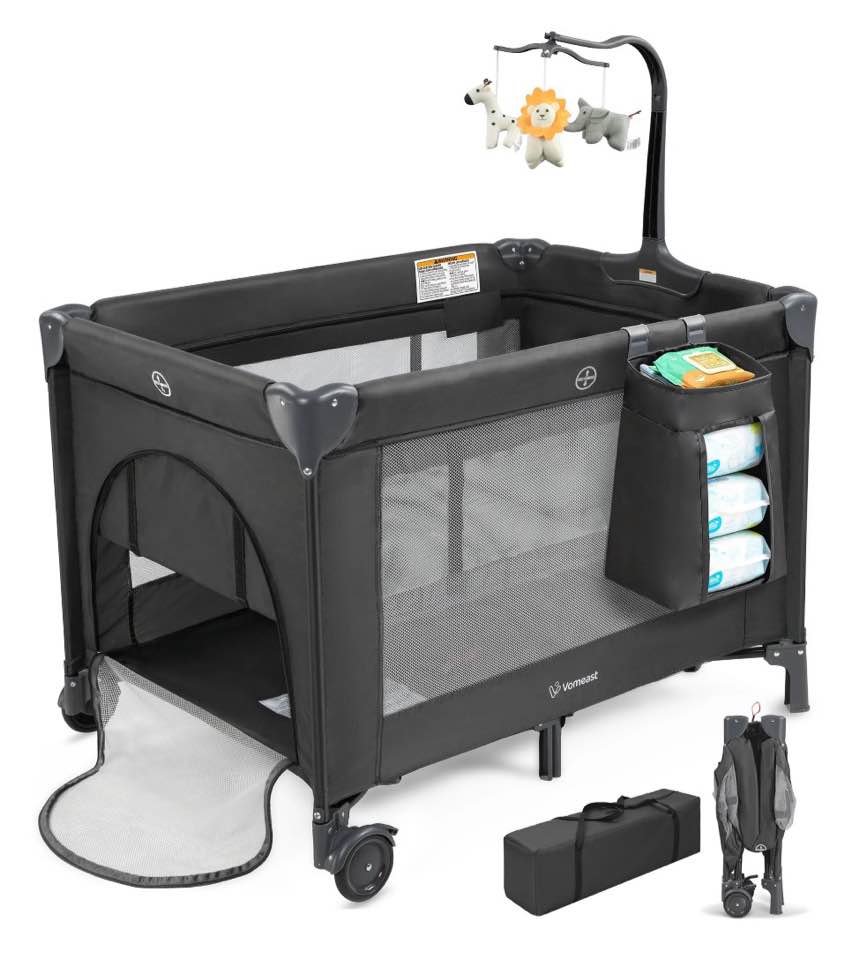 vomeast baby playard,portable baby bassinet pack and play with mattress and toy bar,foldable bassinet crib,0-5 months,black