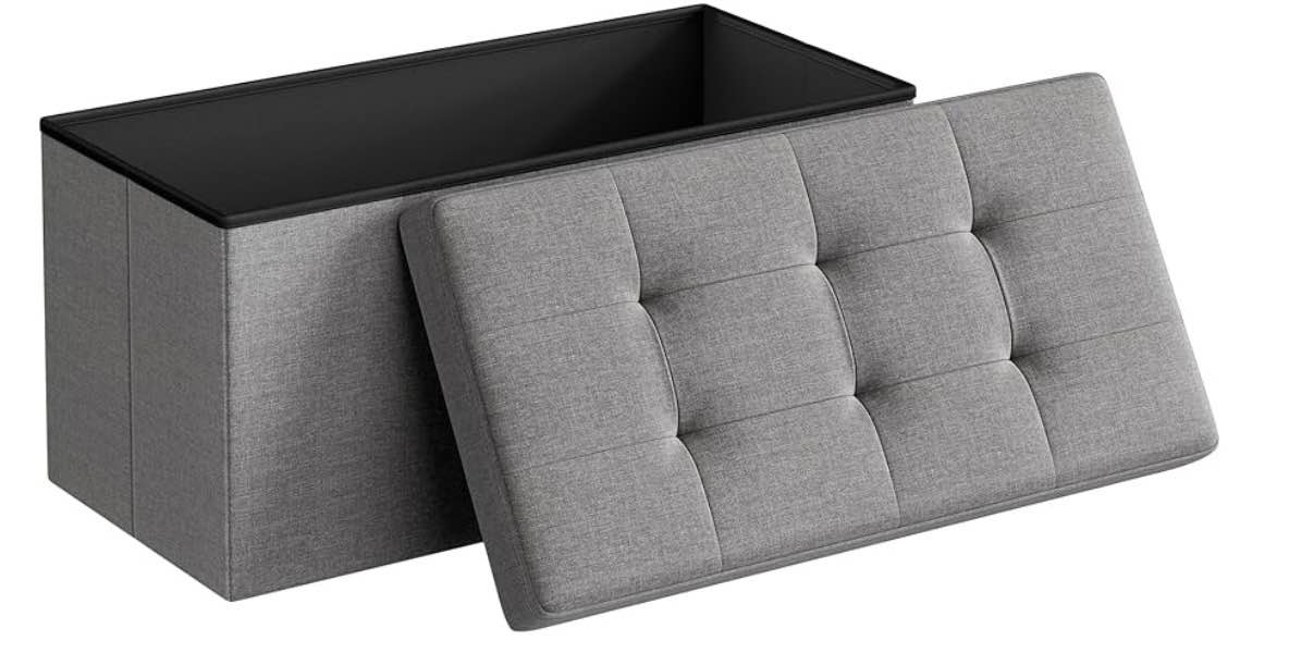 songmics - 30 inches folding storage ottoman bench, ottoman foot rest, end of bed bench, storage chest, load 660 lb, for living room, bedroom, entryway, light gray 