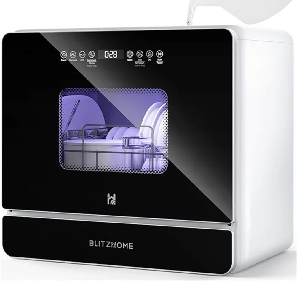 BLITZHOME Upgraded Portable Countertop Dishwasher, 9 Programs,5.2L Built-in Water Tank ,3-Spray Arms & 24H Timing,No Installation Needed