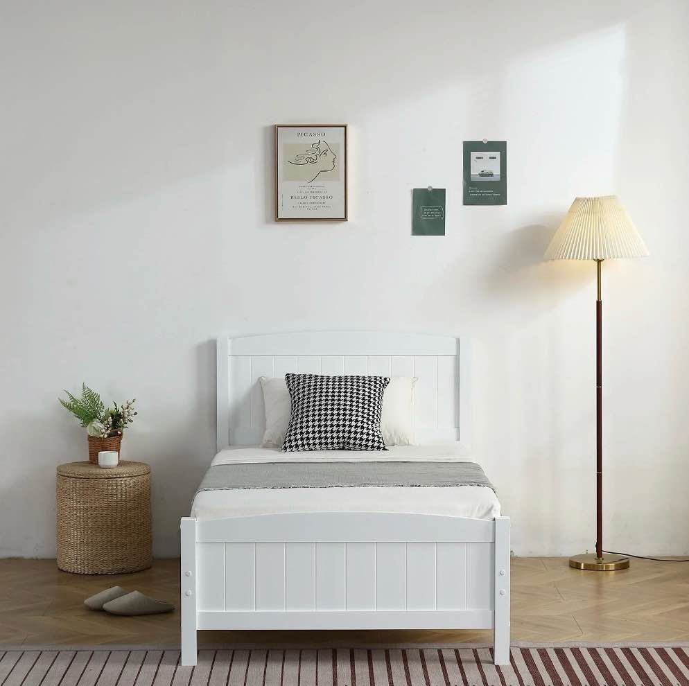 Zimtown Twin Bed Frame,Solid Pine Wood Kids Twin Platform Bed Frame, Bedroom Twin Bed with Headboard for Adults, White