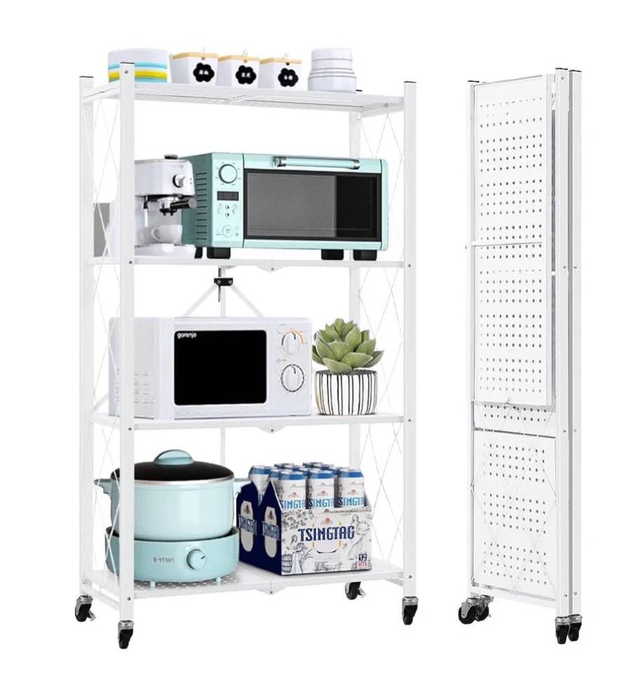 COOKCOK 4-Tier Storage Shelving Unit  Metal Shelf  Foldable Storage Shelf   27.9 x13.4 x49.72  Garage Shelf  Kitchen Shelf with 4 Hooks  No Assemble Require  White