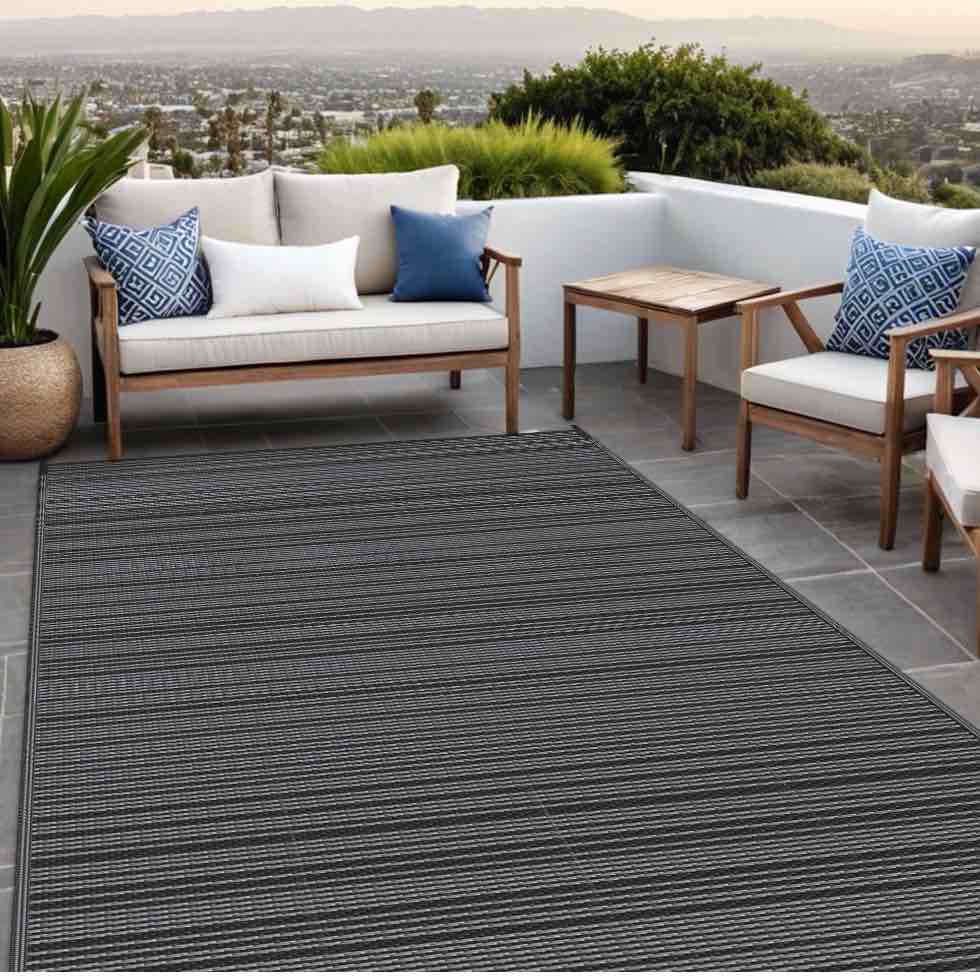 KUETH 8'x 10' Outdoor Waterproof Rug Camping Mat Patio Carpet,Black&Gray