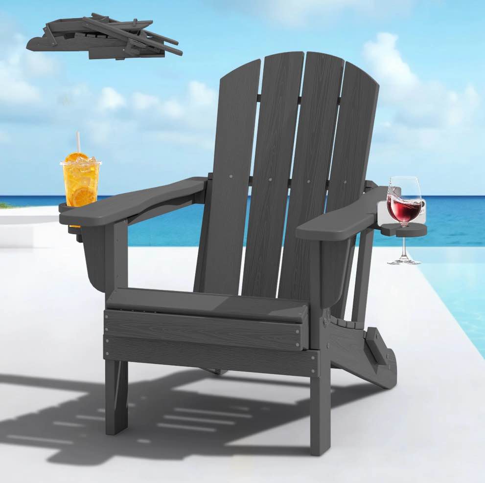 SERWALL Folding Adirondack Chair Set with Dual Cup Holders & Phone Holder, All-Weather HDPE Fire Pit Chairs for Outdoor, Patio, Poolside, Garden - Gray