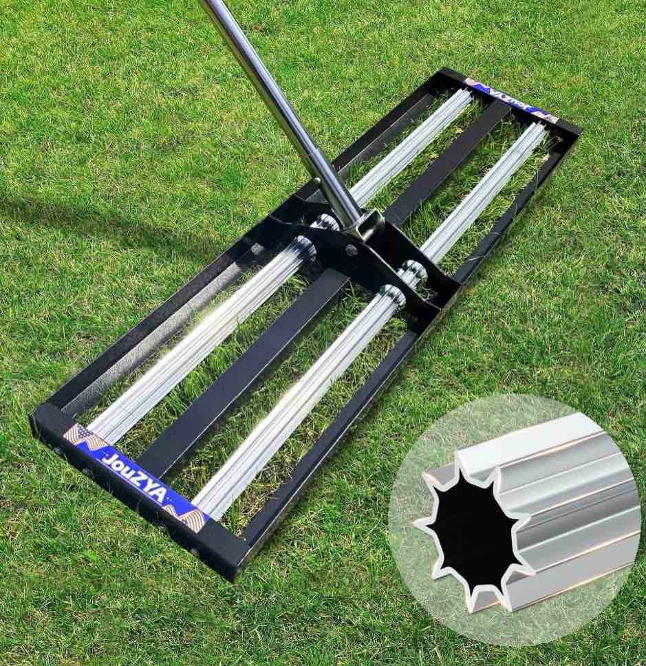 JouZYA 30 x10  Lawn Leveling Rake with Aluminum Rollers  Stainless Steel Lawn Leveler Levelawn Tool  80  Handle