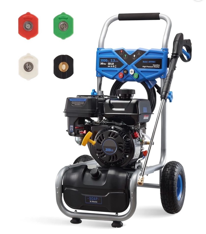 Efurden 3500PSI Gas Pressure Washer  2.3GPM Gas Powered High Pressure Clean Machine with 209CC Engine  4 Adjustable Nozzles for Cleaning Walls  Terraces  Vehicles  Gardens (Blue)