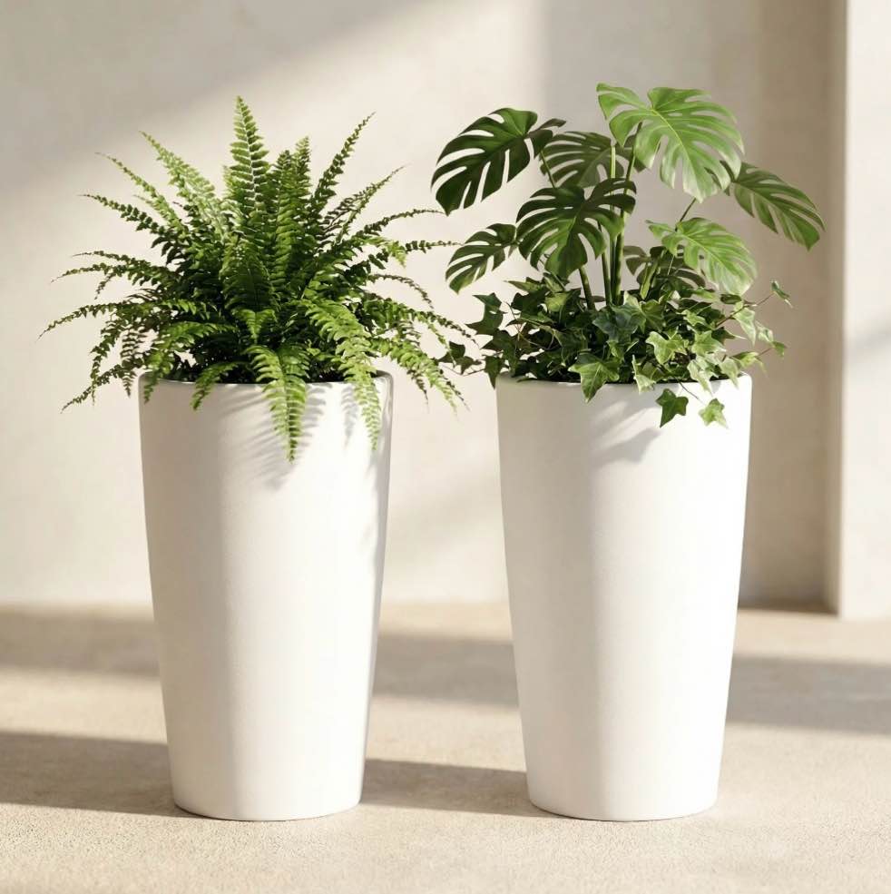 SnugNiture Set of 2 Round 22-Inch Tall Planters, White – Large Indoor/Outdoor Pots with Drainage, Matte Frosted Finish